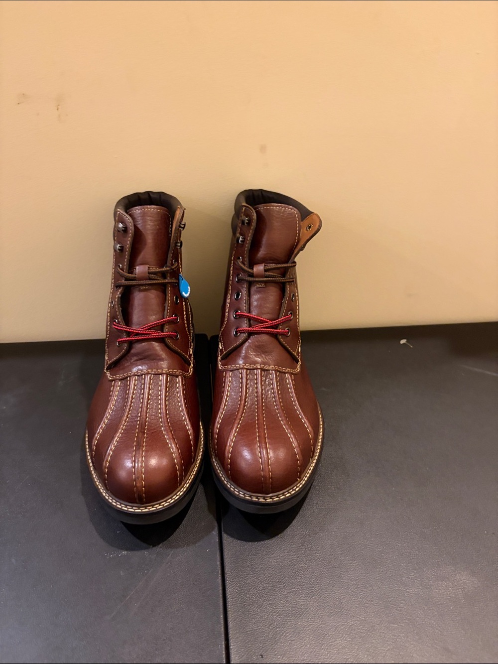 Johnston & Murphy Brown Leather Moc-Toe Lace-Up Boots with Red Laces